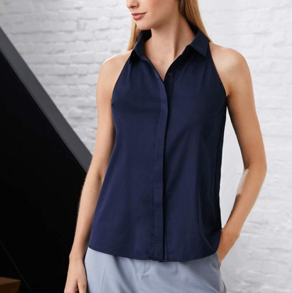 Navy Halter Collared Button-Up Sleeveless Shirt